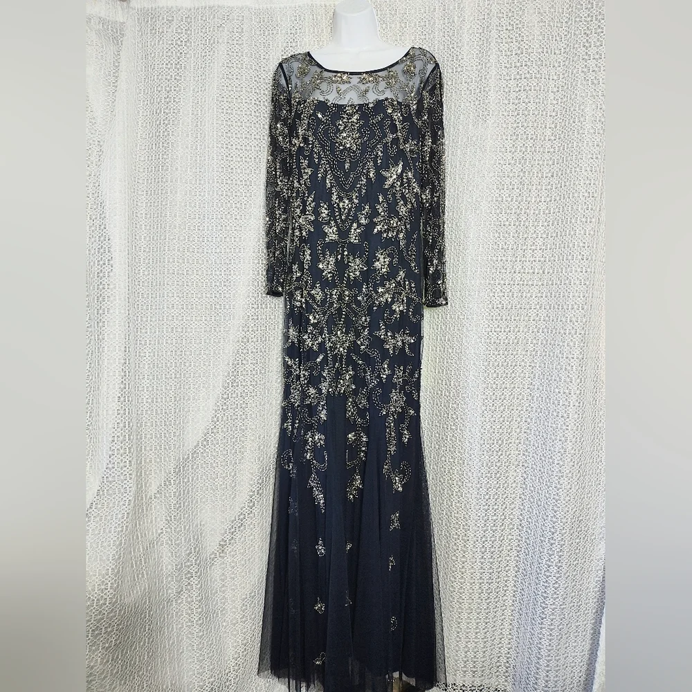 Adrianna Papell Navy and Gold Long Sleeve Gown - Picture 5 of 12